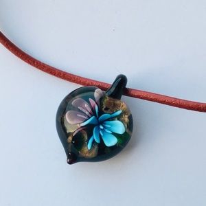Glass Flower Necklace, Blue Pink Art Glass Pendant Leather Cord Sterling Silver